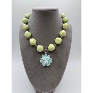 Leetie Lovendale “Rose in Bloom” Aleta Necklace – Mint Lucite Beads w/ Blue Rose